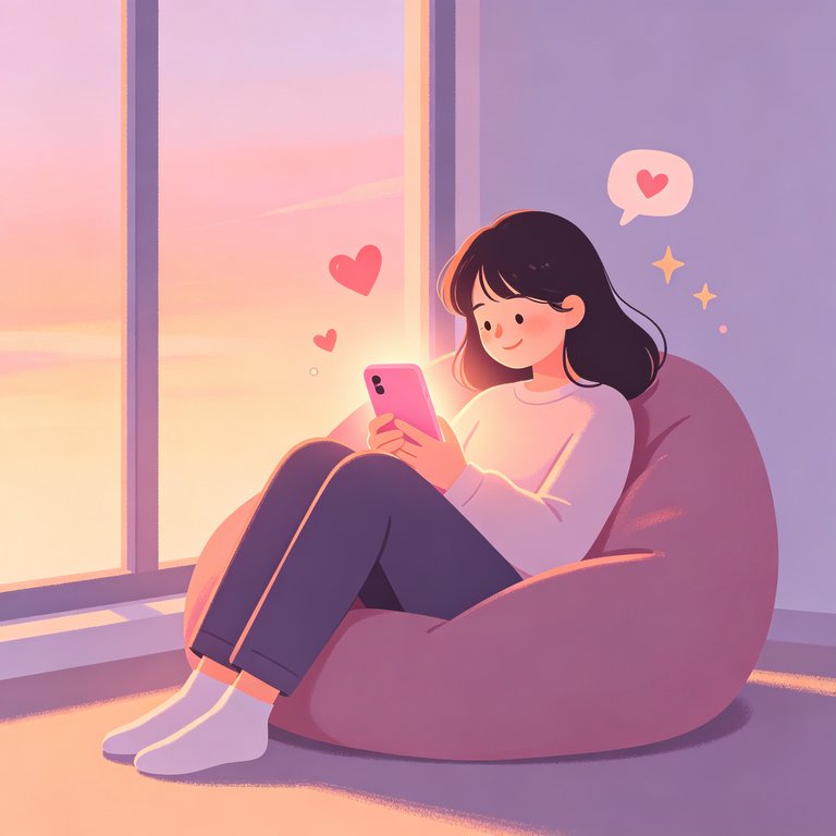 女孩窝在沙发里与 talkmaker 聊天，手机泛着温暖粉光的插画